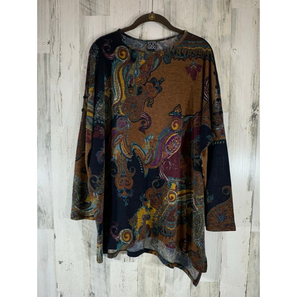 Clara Sun Woo Knit Top Medium Oversized Paisley Asymmetrical Button Shoulder